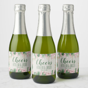 Etiquetas Para Vinos Espumosos Verdes acuarelas y tropicales rosados