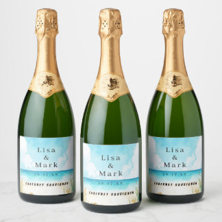 Etiquetas Para Vinos Espumosos Watercolor Blue Ocean Beach Wine Labs