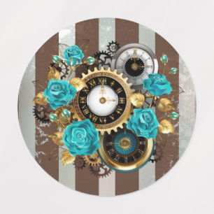 Etiquetas Reloj Steampunk y Rosas turquesas a rayas