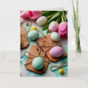 Etiquetas rústicas de madera con huevos de Pascua