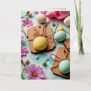 Etiquetas rústicas de madera con huevos de Pascua