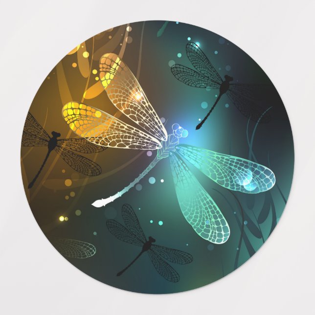 Etiquetas Vuelo de libélula luminosa verde (Diseño 1)