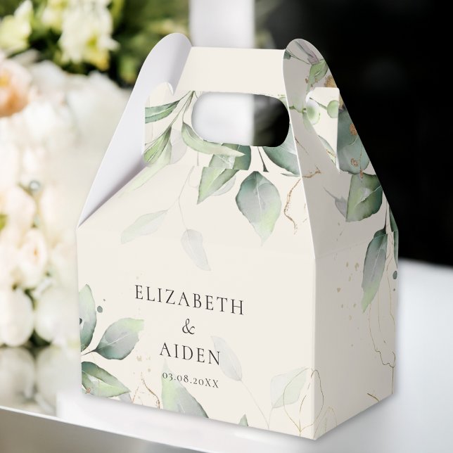 Eucalipto, Beige, Verdor, Caja Boda (Eucalyptus, Beige, Greenery, Wedding Favor Boxes with your name and date.)