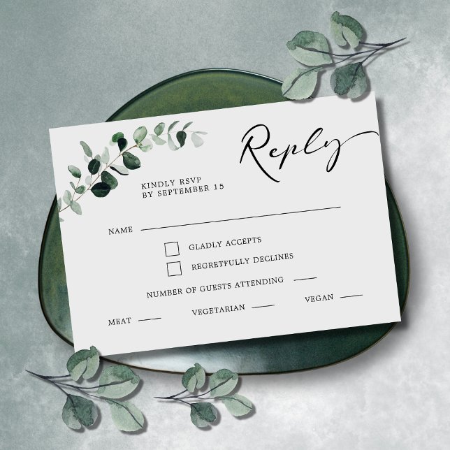 Eucalipto Elección de Menú de Caligrafía de Boda (Eucalyptus Greenery Modern Calligraphy Meal Choice RSVP Reply Wedding Enclosure Card)