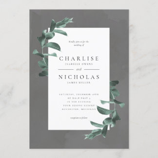 eucalipto en invitación de boda gris