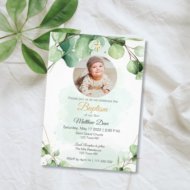 Eucalipto hojas verdes foto Baptismo Invitación (Eucalyptus Green Leaves Photo Baptism Invitation)