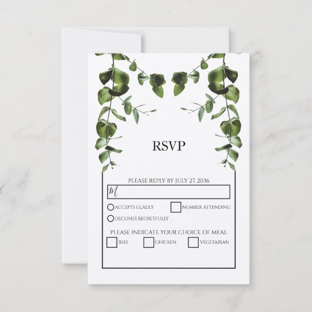 Eucalipto rústico deja tarjetas RSVP casadas (Anverso)
