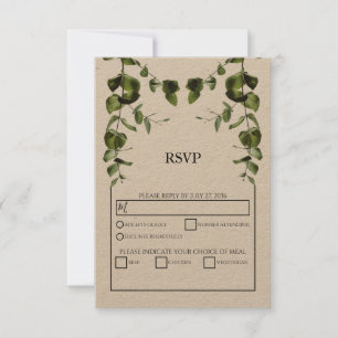 Eucalipto rústico deja tarjetas RSVP casadas