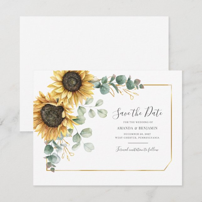 Eucalipto Verde Floral Girasol Guardar La Fecha (Anverso / Reverso)