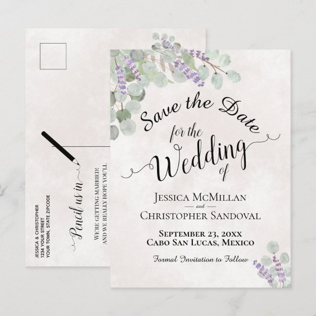 Eucalipto y Lavanda Tarjeta de Boda para Guardar l (Anverso / Reverso)