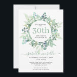Eucalyptus 30.ª Invitación de cumpleaños<br><div class="desc">Una invitación de cumpleaños de la bonito acuarela eucalipto 30. Sólido verde polvoriento en la parte posterior de la invitación. Un diseño de acuarela exuberante y bonito.</div>