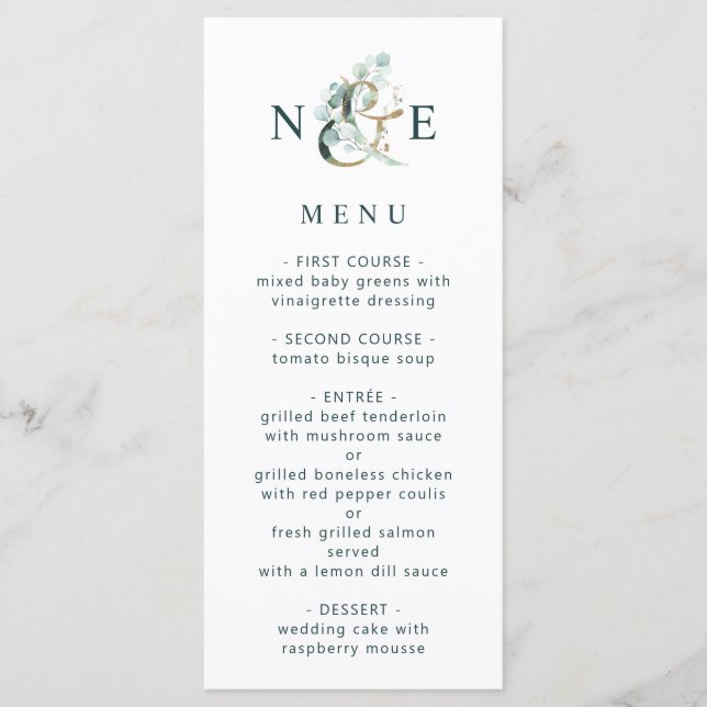 Eucalyptus Ampersand Gold Green Boda Menu (Anverso)