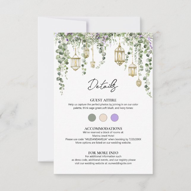 Eucalyptus and Purple Floral Wedding Details Card (Anverso)