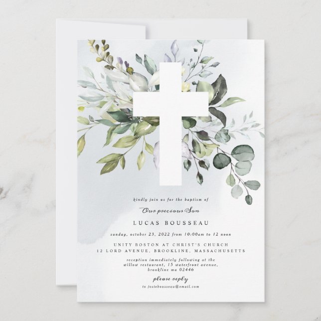 Eucalyptus Baptism Christening Boy Invitación (Anverso)