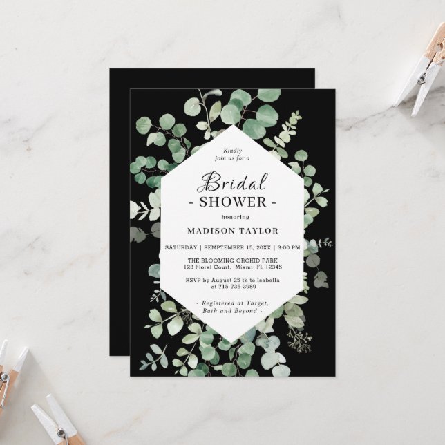Eucalyptus Bridal Shower Black Invitación (Anverso/Reverso In Situ)