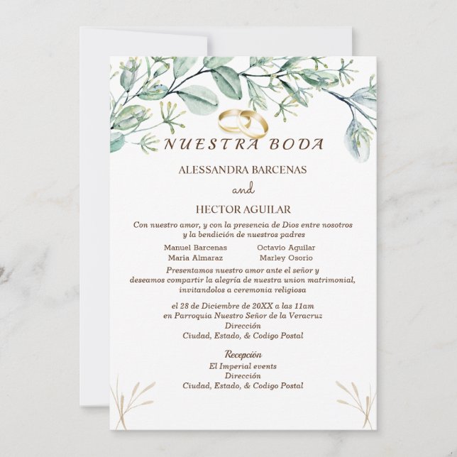 Eucalyptus/champagne Invitación española (Anverso)