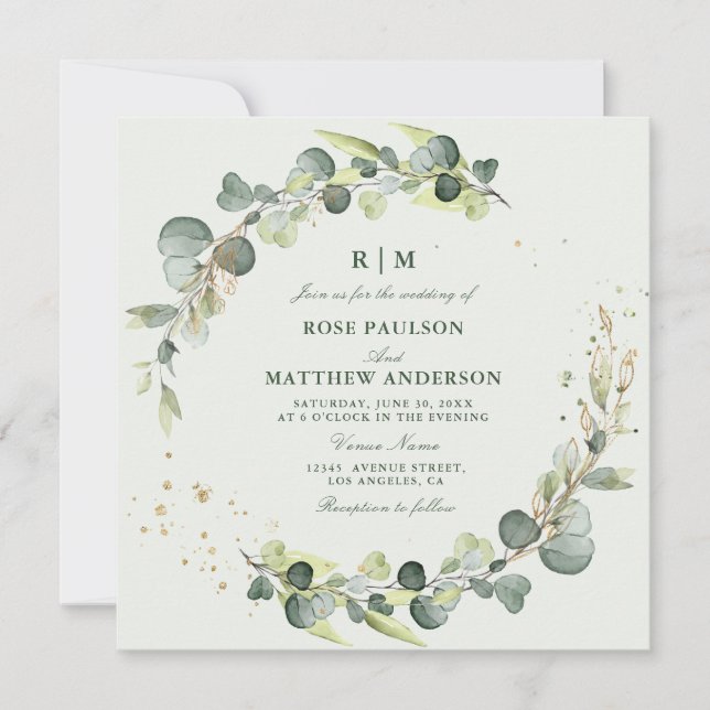 eucalyptus deja invitación a la boda de wreath (Anverso)