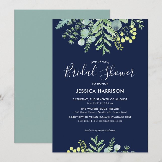 Eucalyptus Floral Bridal Shower Navy Invitación (Anverso / Reverso)
