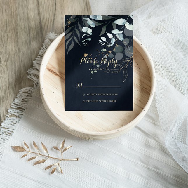 Eucalyptus Gold Floral Caligrafía Azul RSVP (Subido por el creador)