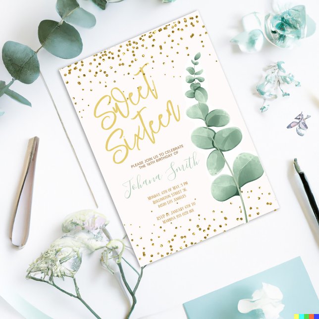 Eucalyptus Gold Sweet Dieciséis Invitaciones de Cu (Subido por el creador)