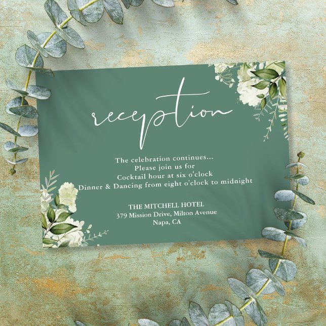 Eucalyptus Green Floral Script Wedding Recepción (Eucalyptus Green Floral Script Wedding Reception Enclosure Card)