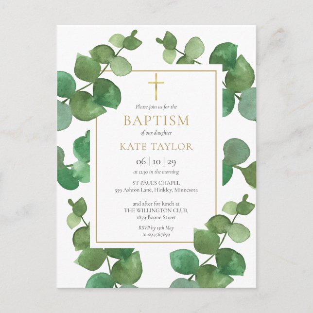 Eucalyptus Greenery Baptism Invitación a la cristi (Anverso)