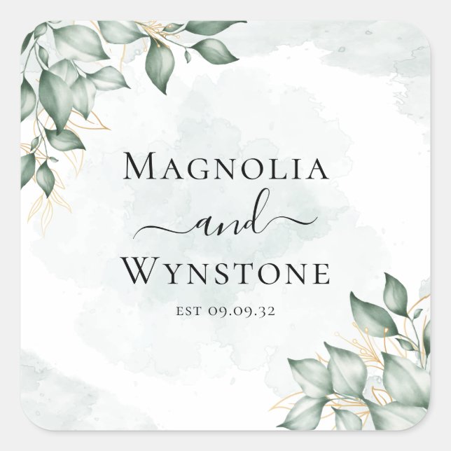 Eucalyptus Greenery Boda Pegatina cuadrado (Anverso)