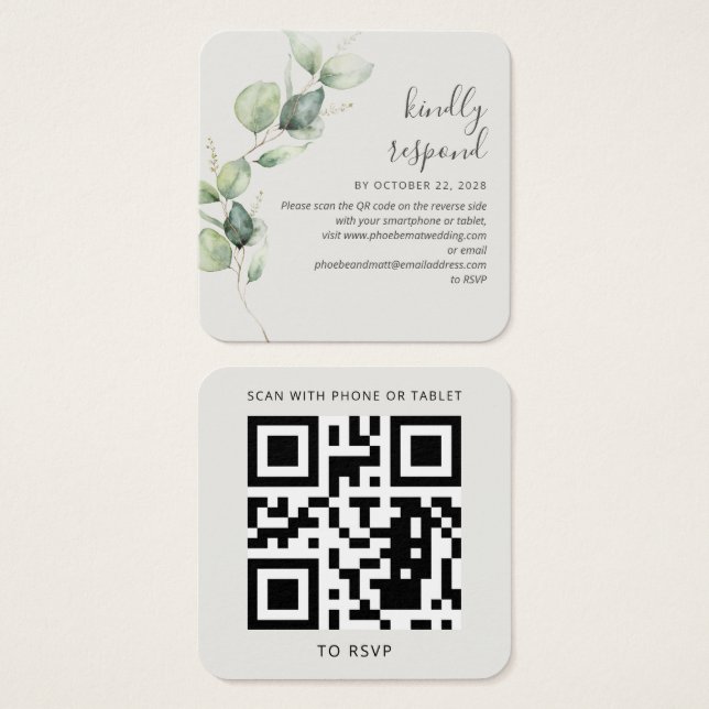 Eucalyptus Greenery Boda sitio web QR Código RSVP (Anverso y reverso)