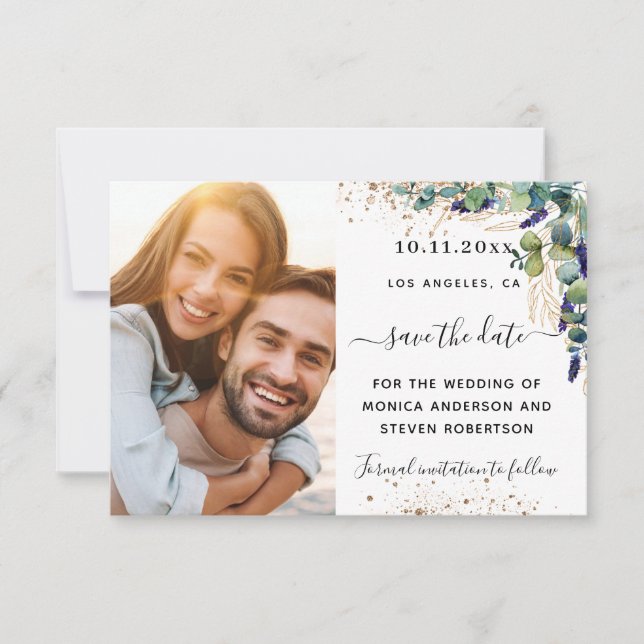 Eucalyptus greenery foto boda ahorrar la fecha (Anverso)