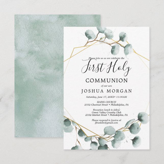 Eucalyptus Greenery Primer Invitación de la Santa  (Anverso / Reverso)