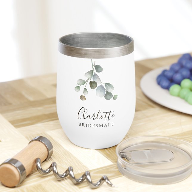 Eucalyptus Greenery Script Boda Bridesmaid (Eucalyptus Script Wedding Bridesmaid Keepsake Wine Tumbler)