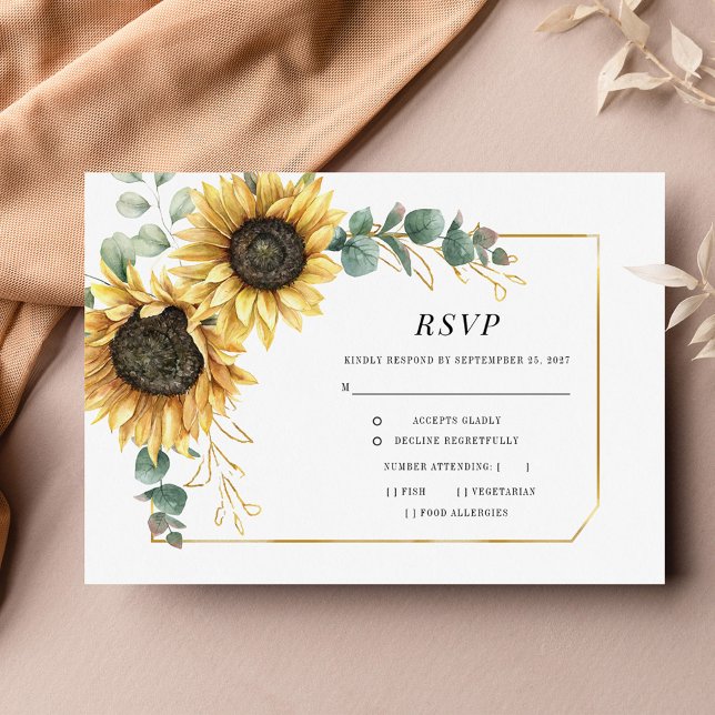 Eucalyptus Greenery Sunflower Geometric Gold RSVP (Subido por el creador)