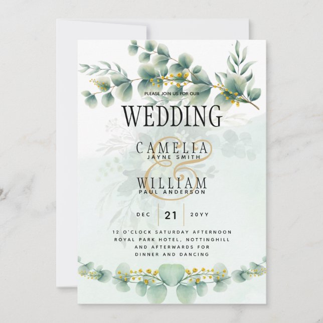 Eucalyptus Invitación a la Boda Moderna de Oro de  (Anverso)