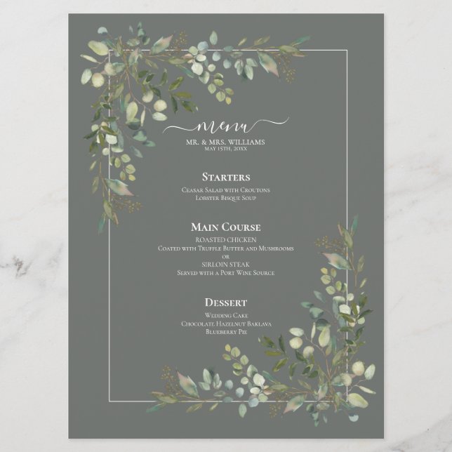 Eucalyptus Menú Boda verde sabio botánico (Anverso)