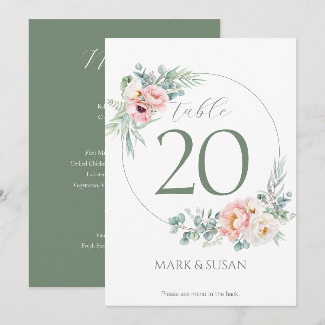 Eucalyptus Peonies Boda Número de tabla y Menús (Anverso / Reverso)
