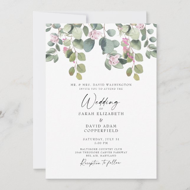 Eucalyptus & Rosa Elegante Invitación a la Boda (Anverso)