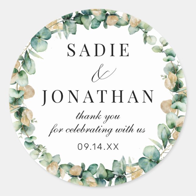 Eucalyptus Rustic Gold Pegatina Boda Botánico (Anverso)