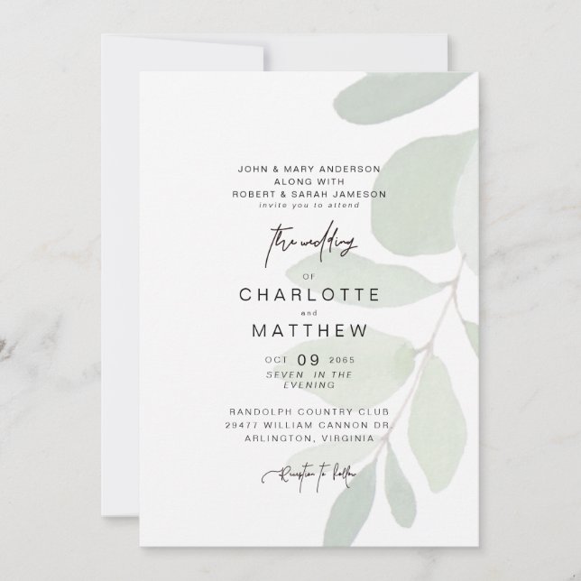 Eucalyptus simple Invitación de matrimonio de ambo (Anverso)