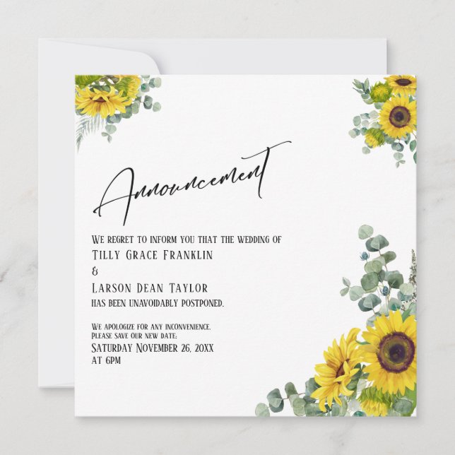 Eucalyptus Sunflower Invitación de fecha pospuesta (Anverso)