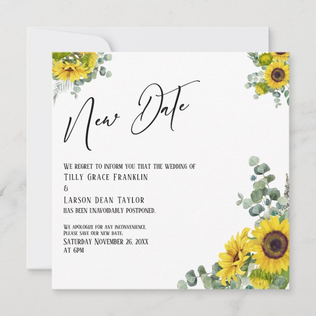 Eucalyptus Sunflower Nueva fecha Boda Invitación (Anverso)