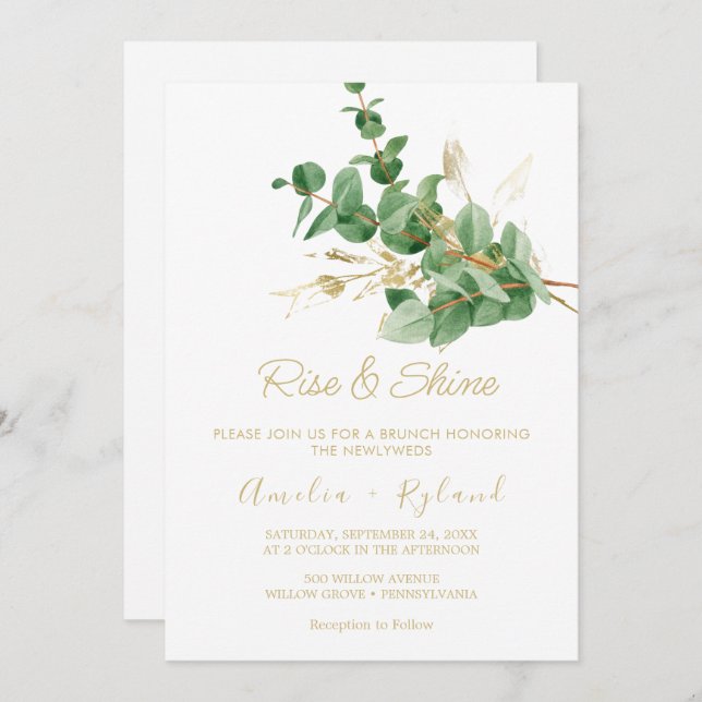 Eucalyptus veteado de oro | Invitación de Rise & S (Anverso / Reverso)