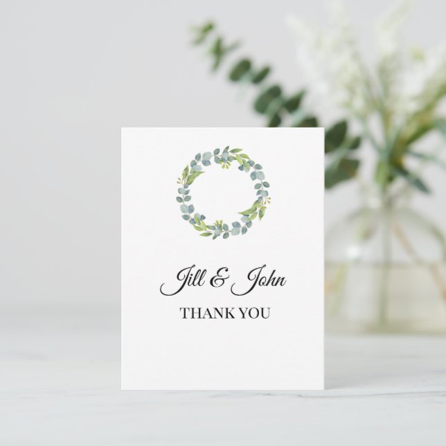 Eucalyptus Wreath Wedding Thank You Card (Anverso de pie)