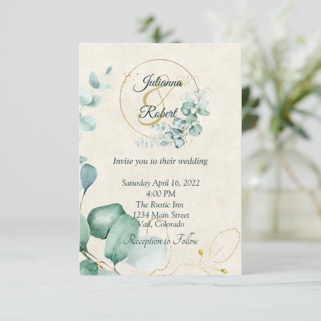 Eucalyptus y la invitación a la boda con presupues (Anverso de pie)