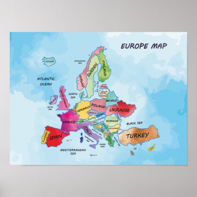 Europa Mapa arte de color del agua (Frente)