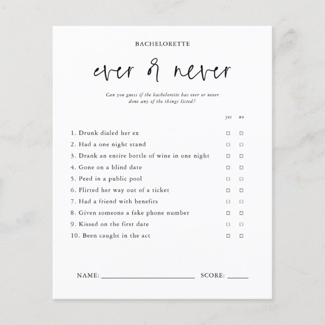 Ever or Never | Tarjeta de Juego para Despedida de (Anverso)