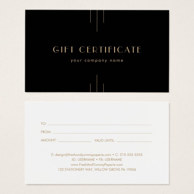 EVERLY Art Deco Black and Gold Gift Certificate (Anverso y reverso)
