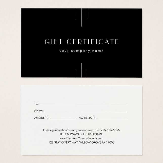 EVERLY Art Deco Black Business Gift Certificate (Anverso y reverso)