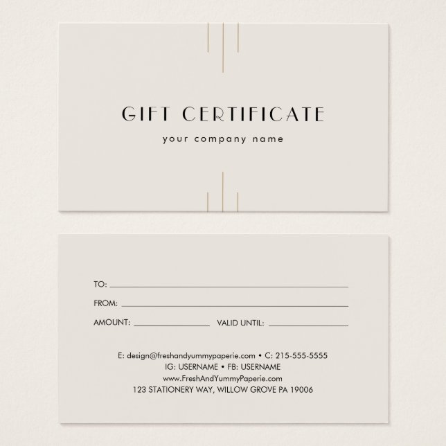 EVERLY Ivory Gold Black Business Gift Certificate (Anverso y reverso)