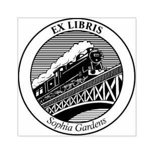 Ex Libris - Tren de vapor en un sello de goma puen