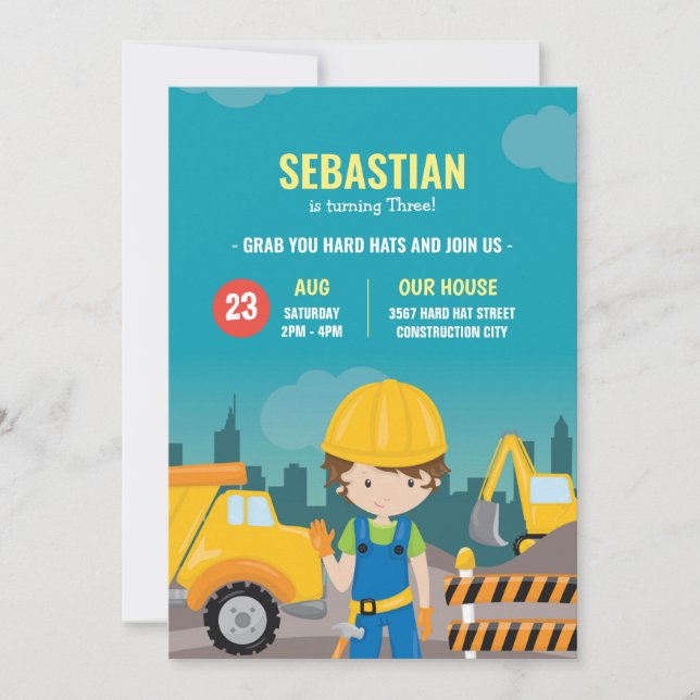 Excavadora de invitaciones de cumpleaños de constr (Anverso)